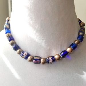 Blue glass necklace wedding cake beads beaded indigo